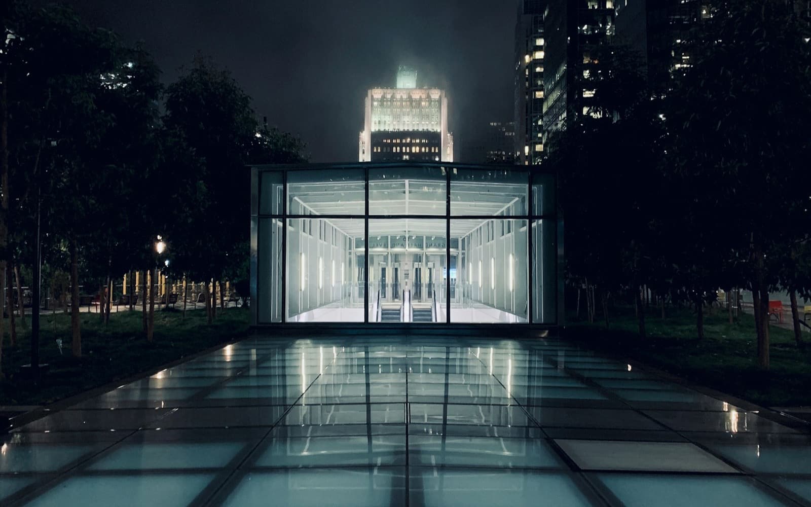 Façade vitrée d’un bâtiment photographiée de nuit