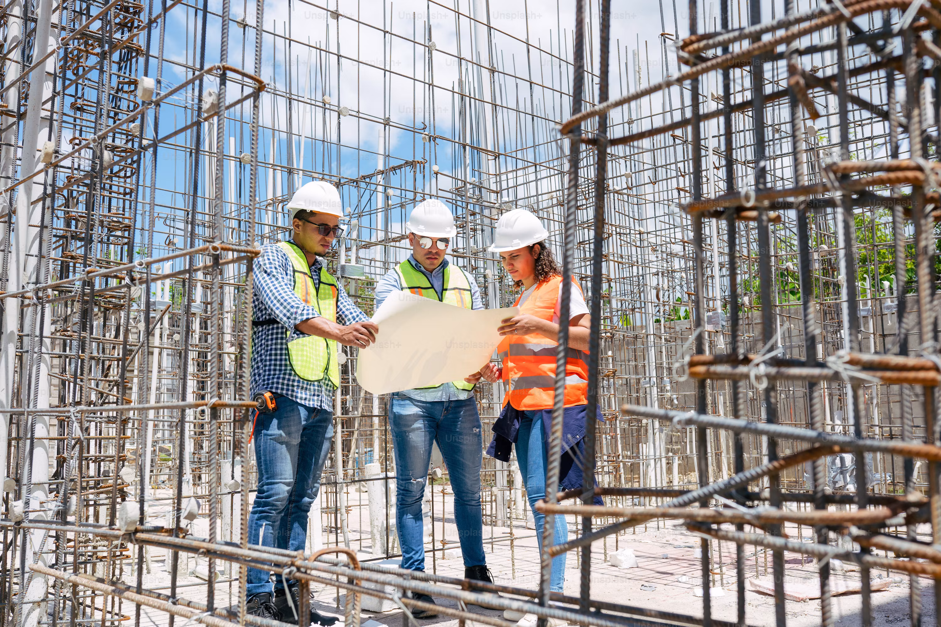 Équipe terrain consultant un plan sur un chantier